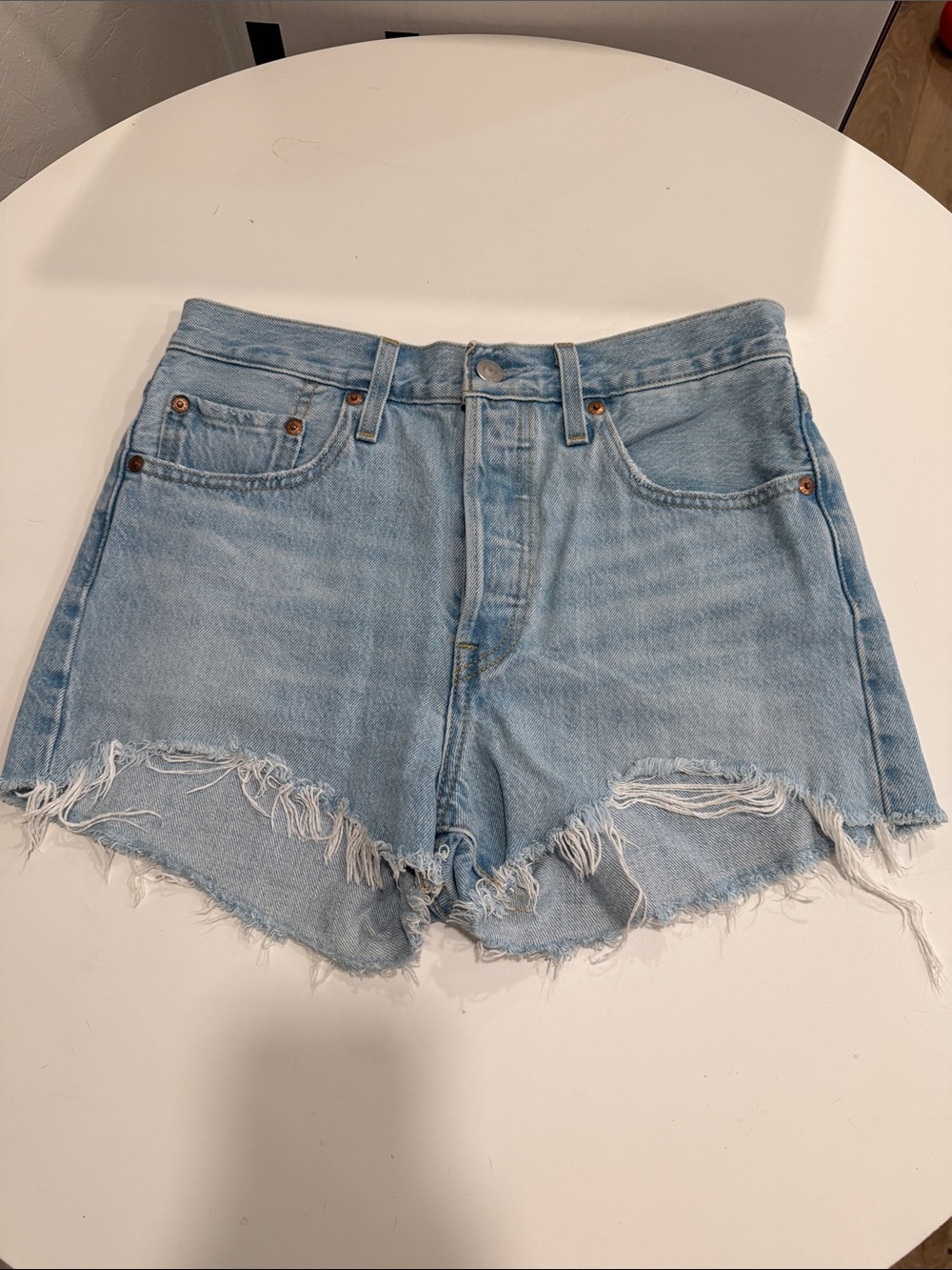 Levi’s 501 High-Rise Light Blue Distressed Denim Shorts